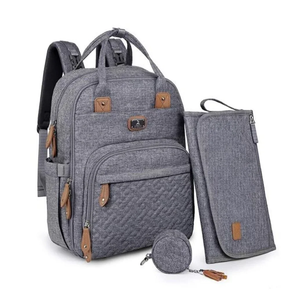 Unisex Polyester Diaper Backpack Daypack with Portable Changing Pad, Gray